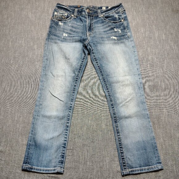 Miss Me Jeans women's Size 27 Medium Wash Boyfriend Capri Thick Stitch Flap - Picture 1 of 16